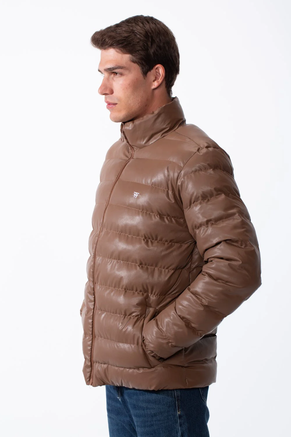 Men's High Stand-Up Collar Detailed With Contrasting Black Full Length Zipper Elasticated Cuffs Two Side Entry Pockets Puffer Jacket - Image 12