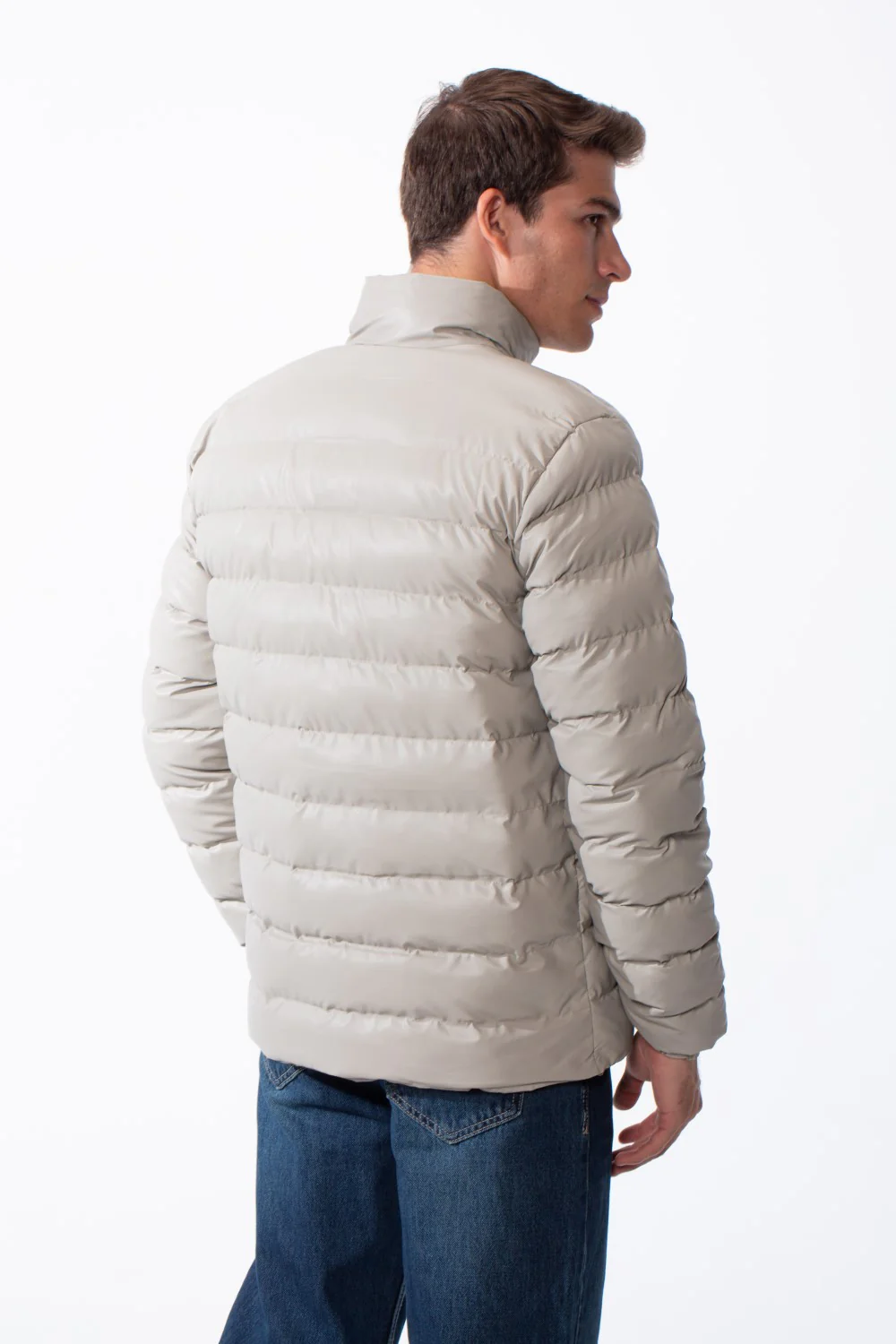 Men's High Stand-Up Collar Detailed With Contrasting Black Full Length Zipper Elasticated Cuffs Two Side Entry Pockets Puffer Jacket - Image 14
