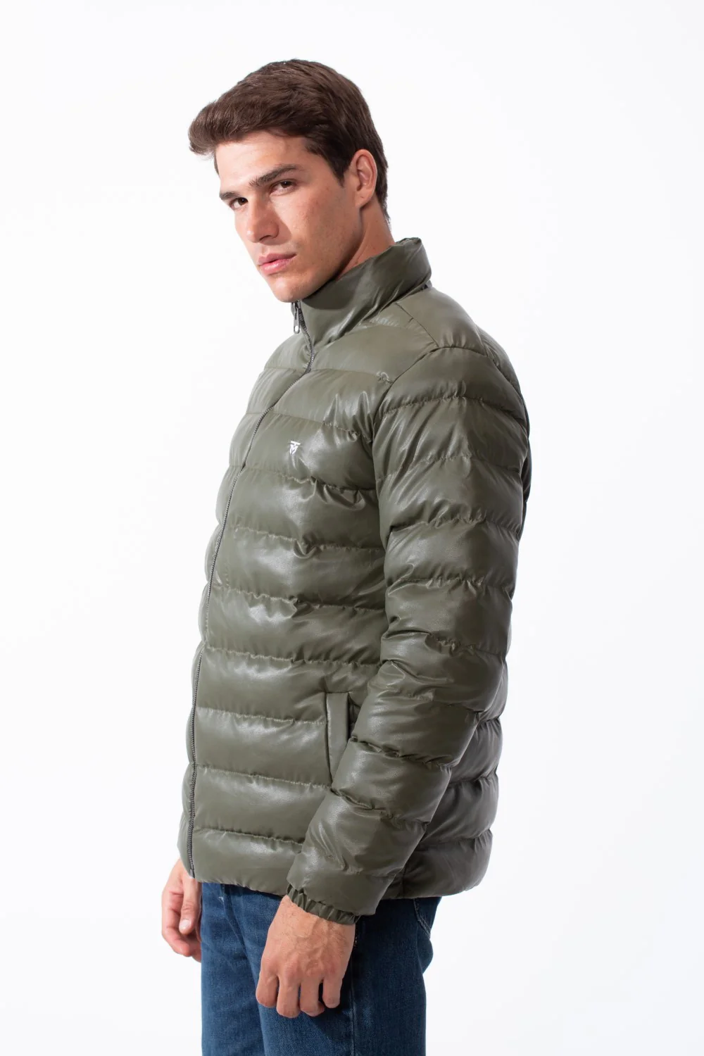 Men's High Stand-Up Collar Detailed With Contrasting Black Full Length Zipper Elasticated Cuffs Two Side Entry Pockets Puffer Jacket - Image 20