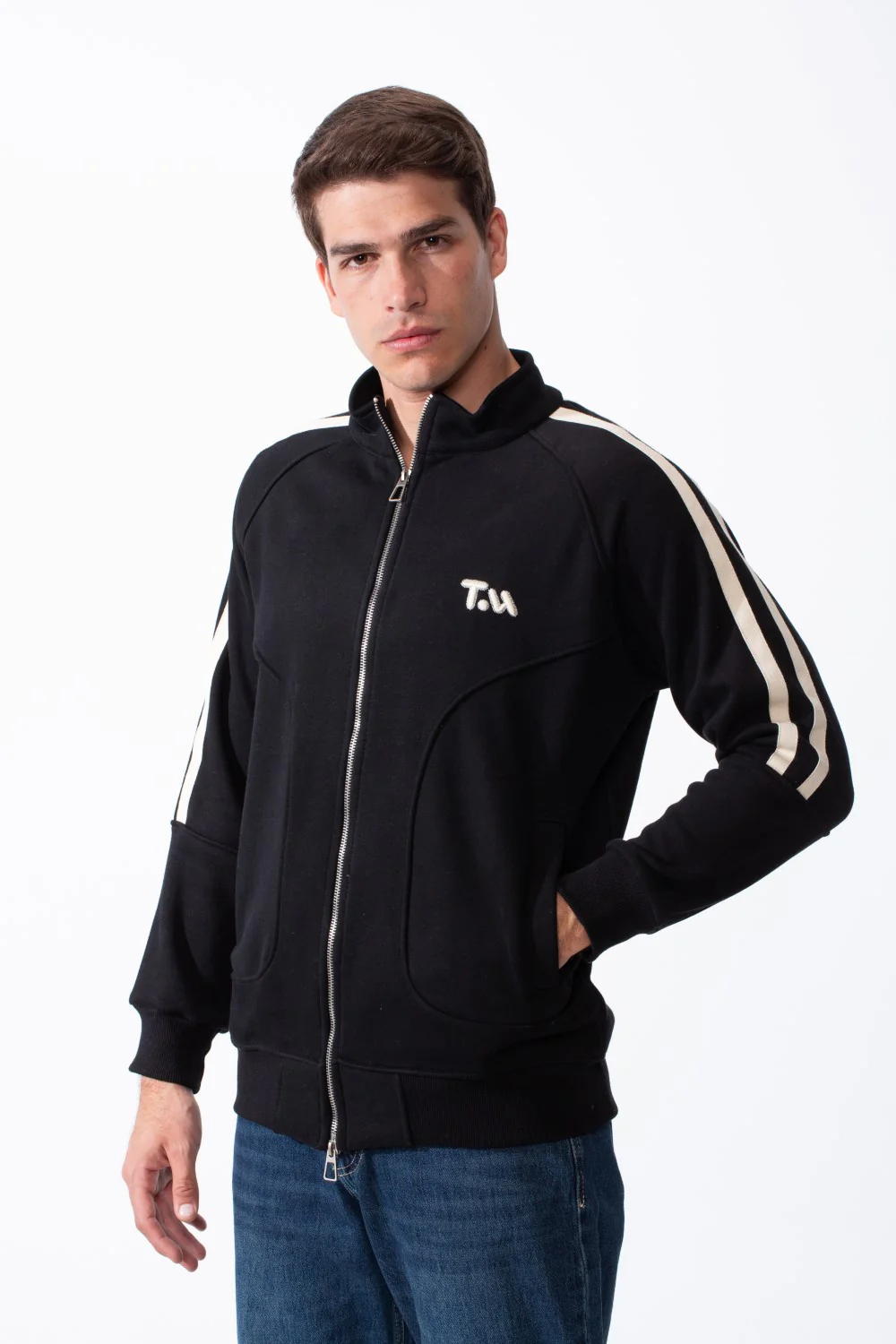 Men's High Stand-Up Collar Full Length Silver Zipper Contrasting White Stripes Along Sleeves Sporty Track Slim Fit Sweatshirt