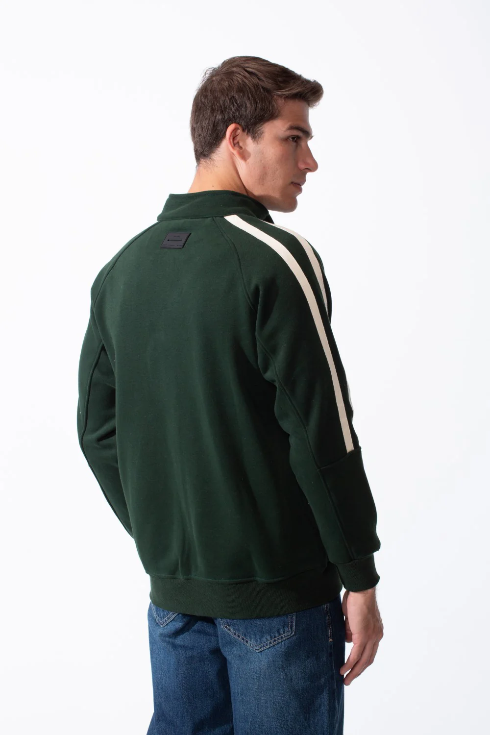 Men's High Stand-Up Collar Full Length Silver Zipper Contrasting White Stripes Along Sleeves Sporty Track Slim Fit Sweatshirt - Image 10