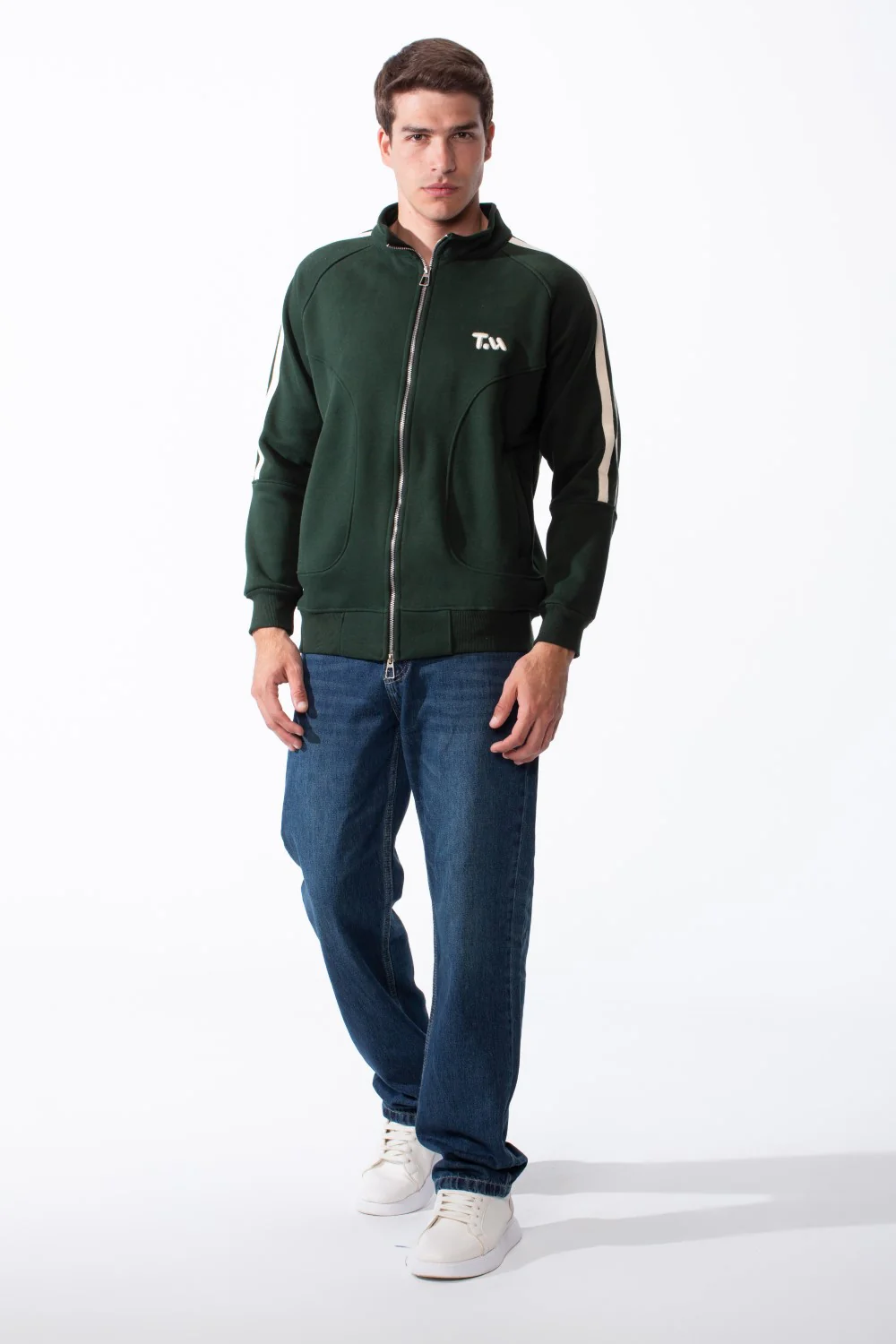 Men's High Stand-Up Collar Full Length Silver Zipper Contrasting White Stripes Along Sleeves Sporty Track Slim Fit Sweatshirt - Image 11