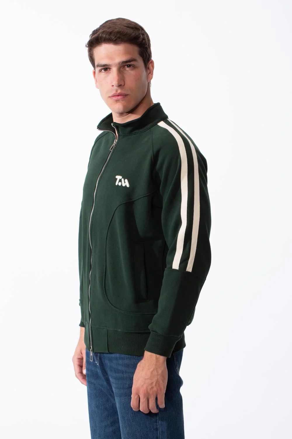 Men's High Stand-Up Collar Full Length Silver Zipper Contrasting White Stripes Along Sleeves Sporty Track Slim Fit Sweatshirt - Image 12