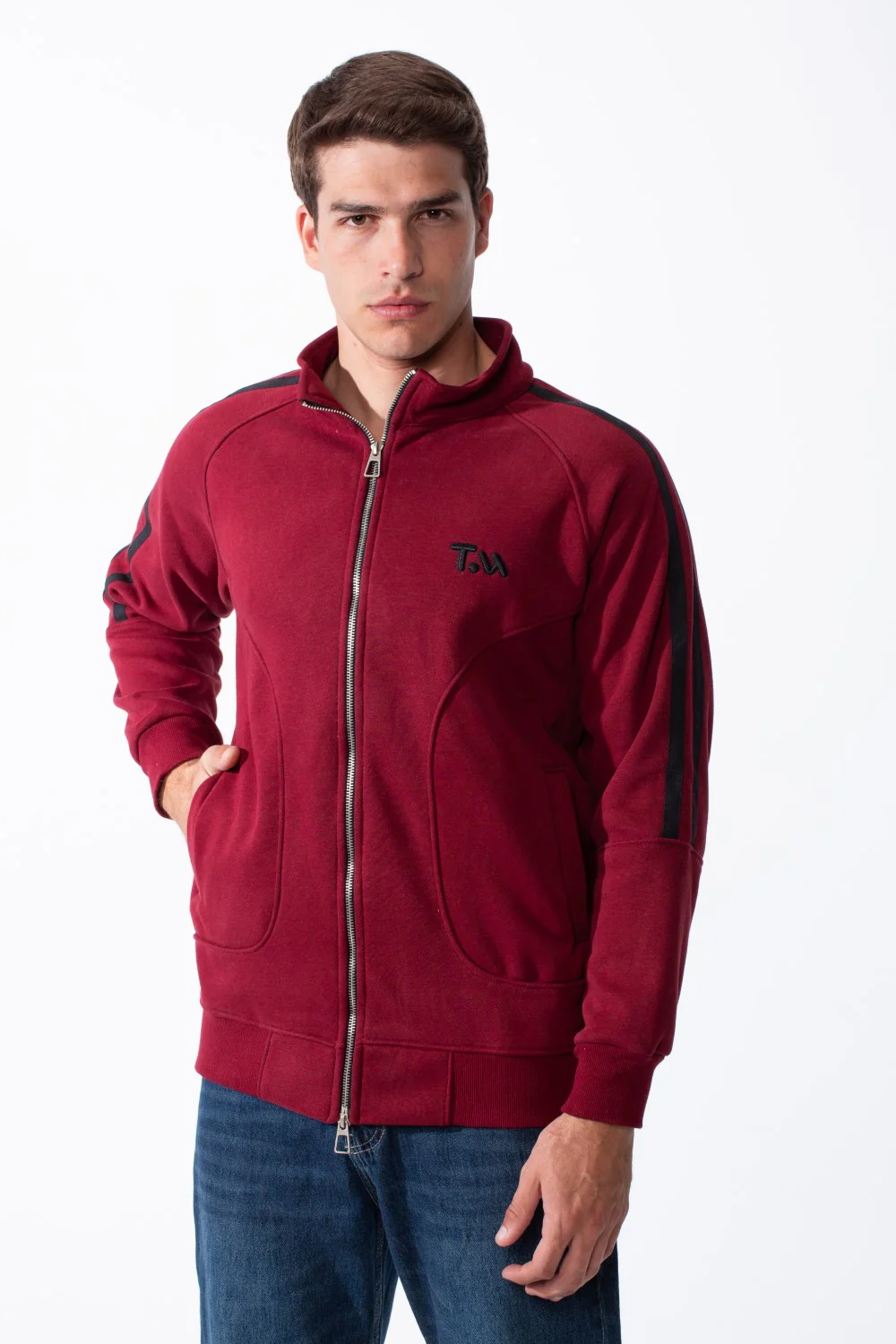 Men's High Stand-Up Collar Full Length Silver Zipper Contrasting White Stripes Along Sleeves Sporty Track Slim Fit Sweatshirt - Image 13