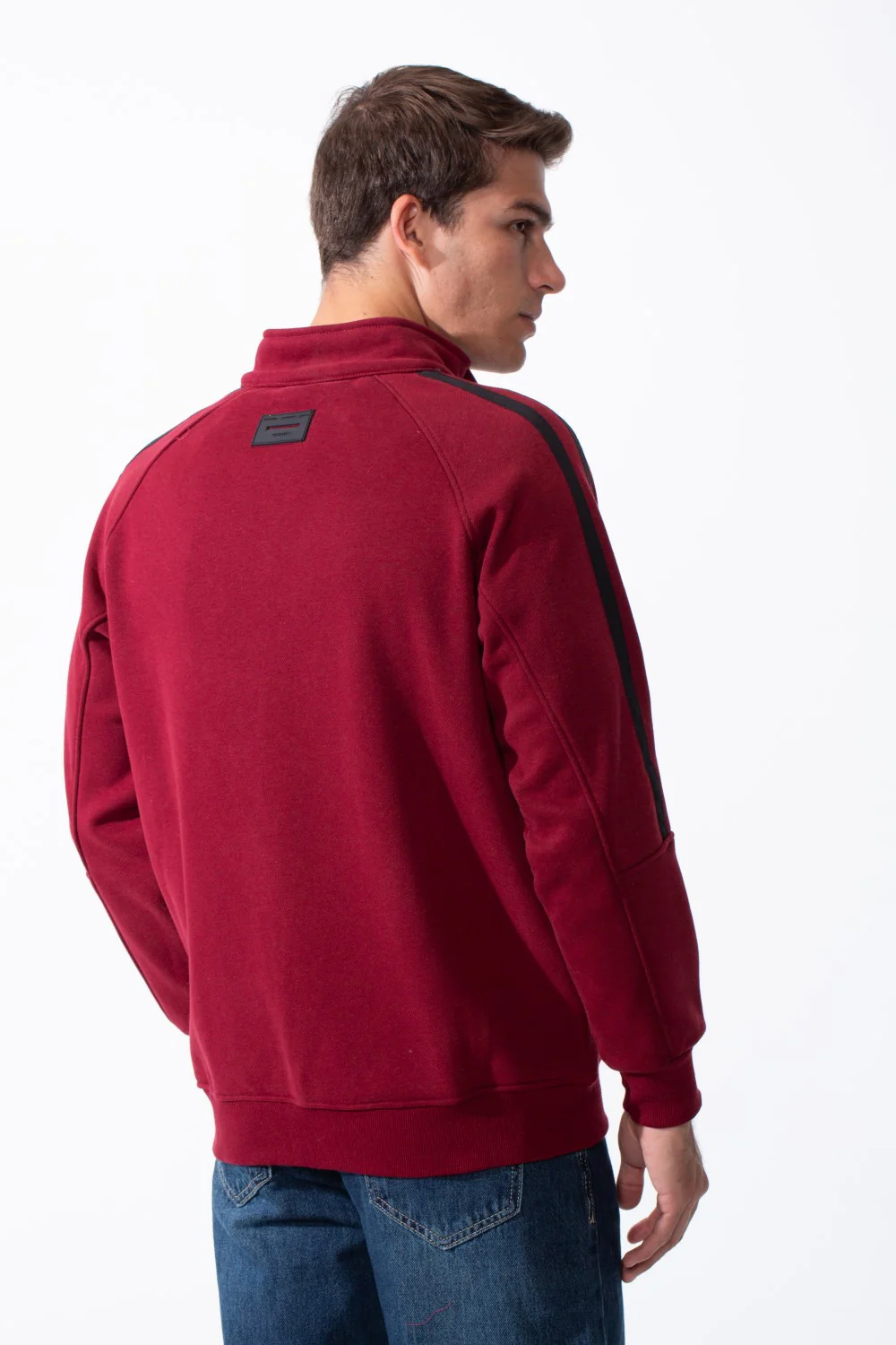 Men's High Stand-Up Collar Full Length Silver Zipper Contrasting White Stripes Along Sleeves Sporty Track Slim Fit Sweatshirt - Image 14