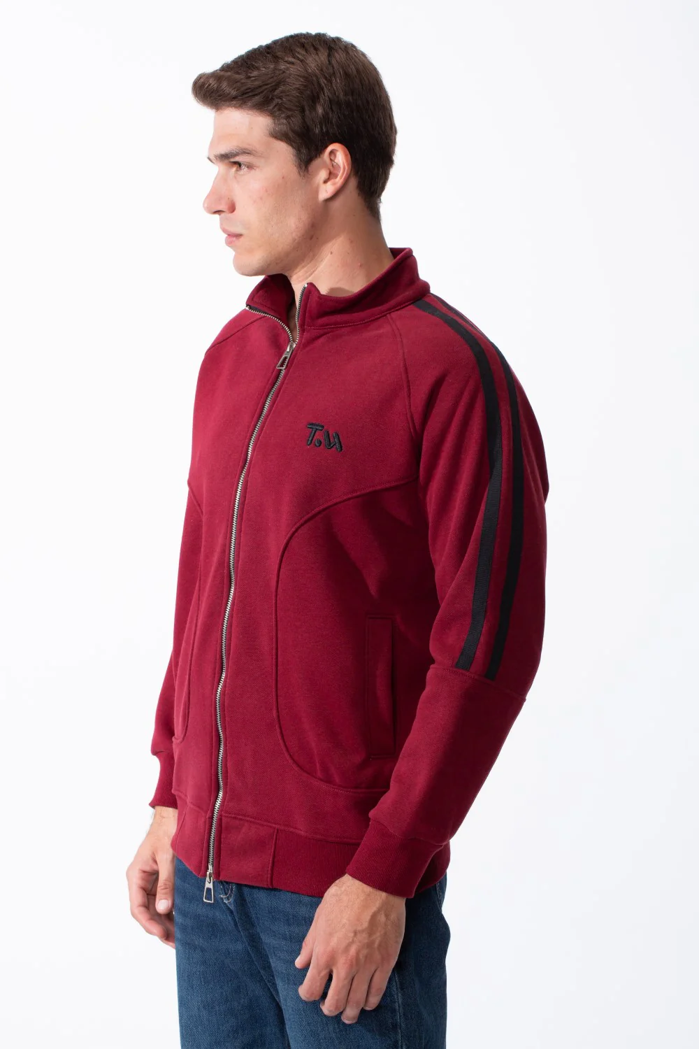Men's High Stand-Up Collar Full Length Silver Zipper Contrasting White Stripes Along Sleeves Sporty Track Slim Fit Sweatshirt - Image 16