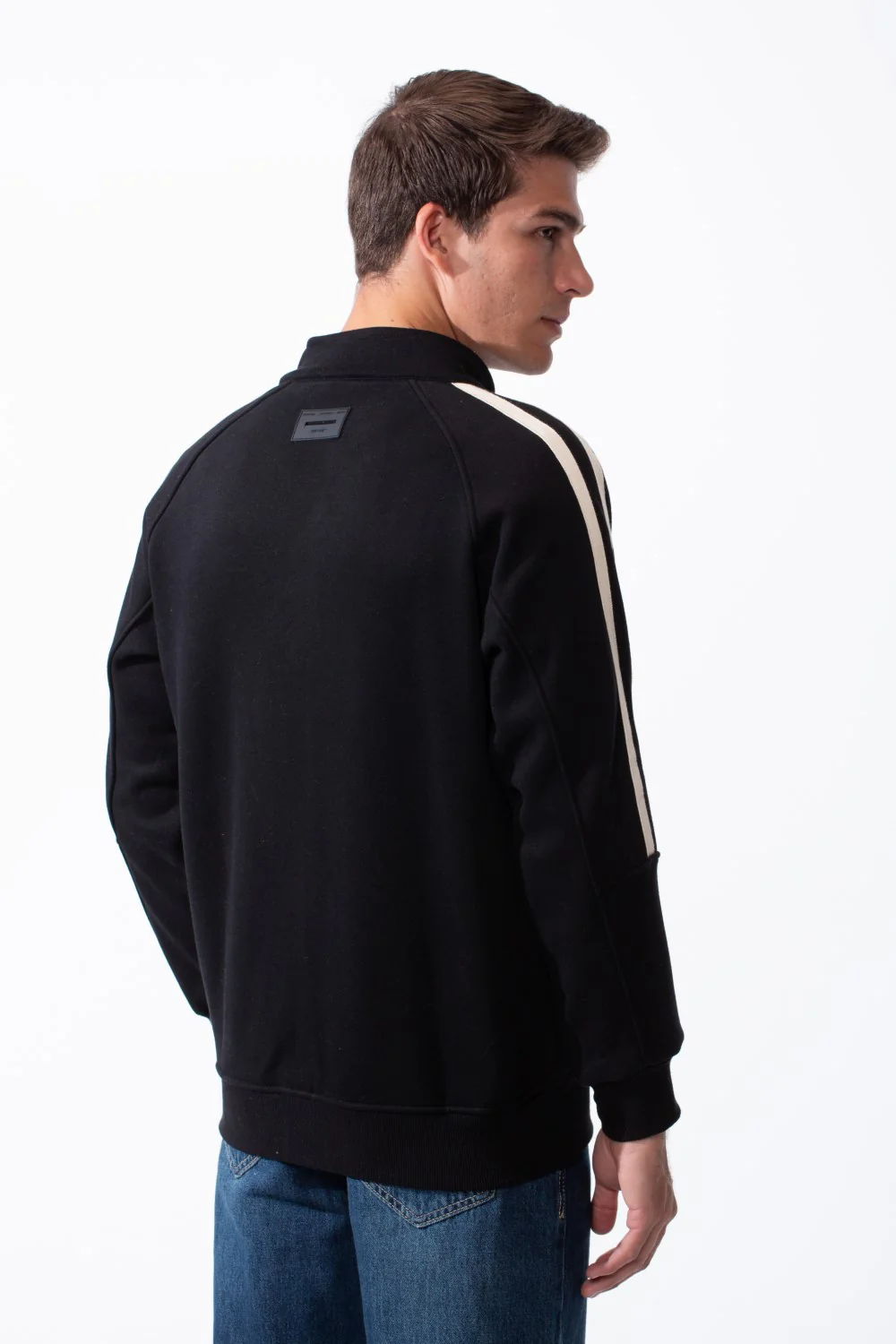 Men's High Stand-Up Collar Full Length Silver Zipper Contrasting White Stripes Along Sleeves Sporty Track Slim Fit Sweatshirt - Image 2