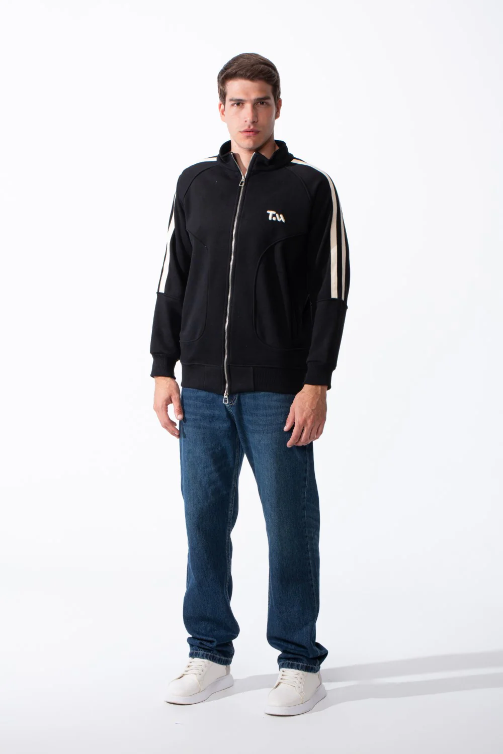 Men's High Stand-Up Collar Full Length Silver Zipper Contrasting White Stripes Along Sleeves Sporty Track Slim Fit Sweatshirt - Image 3