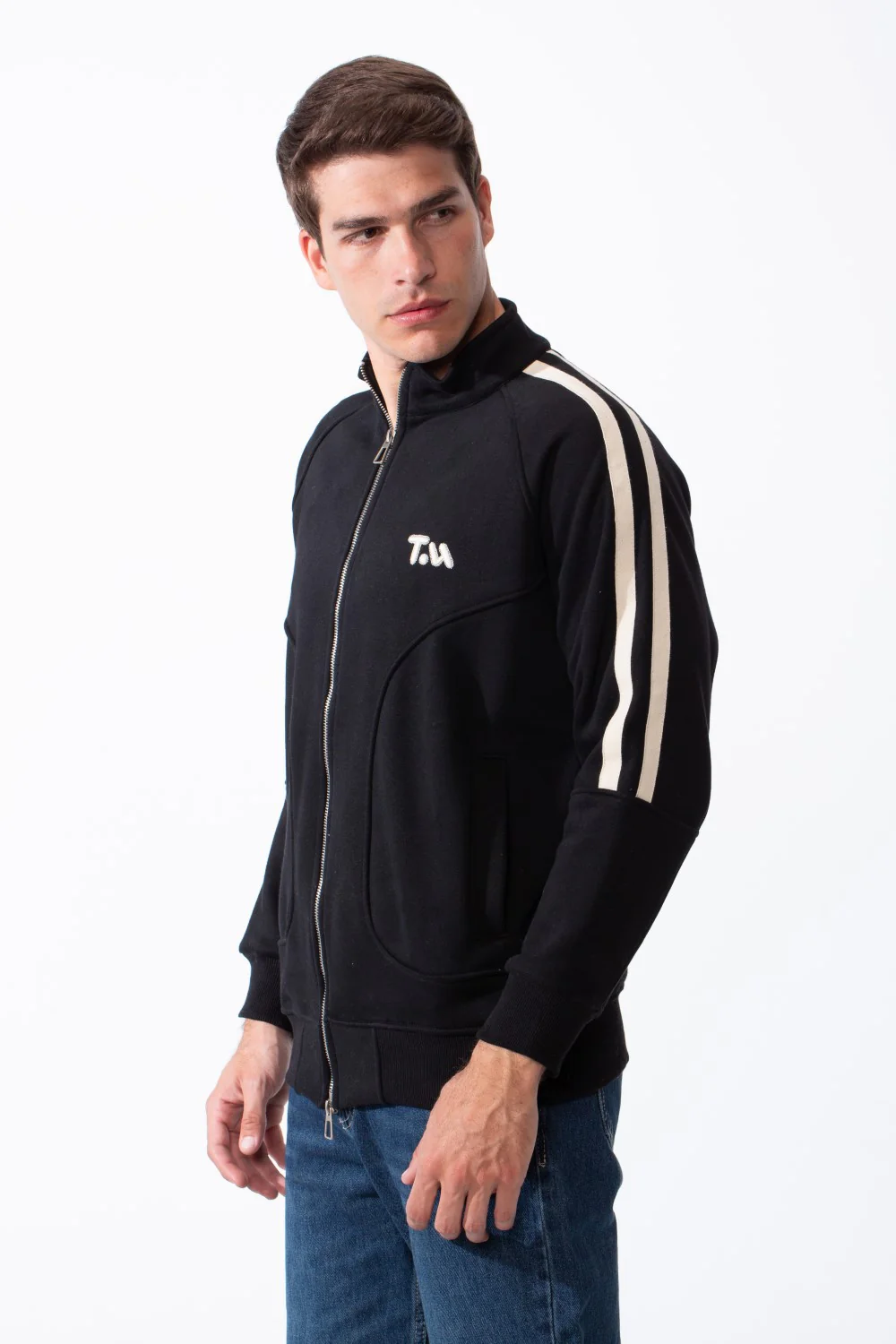 Men's High Stand-Up Collar Full Length Silver Zipper Contrasting White Stripes Along Sleeves Sporty Track Slim Fit Sweatshirt - Image 4