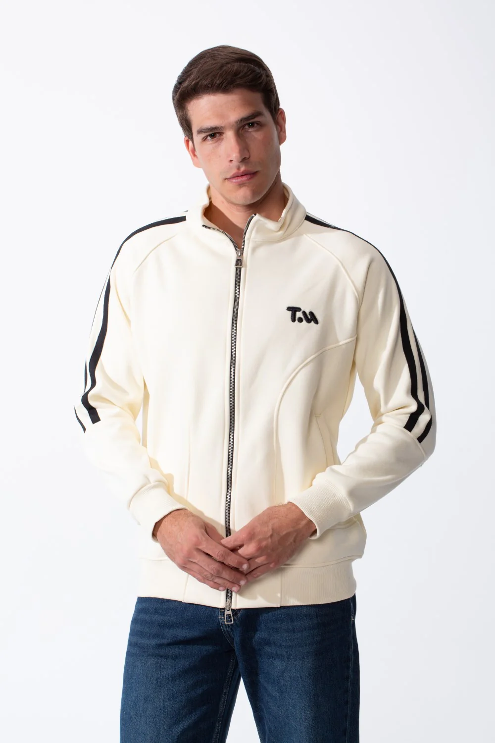 Men's High Stand-Up Collar Full Length Silver Zipper Contrasting White Stripes Along Sleeves Sporty Track Slim Fit Sweatshirt - Image 5