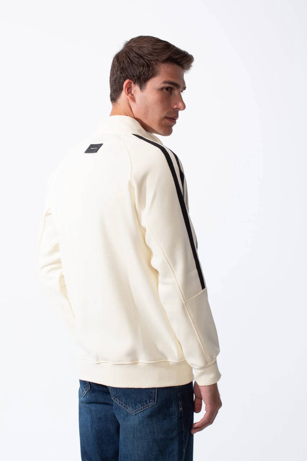 Men's High Stand-Up Collar Full Length Silver Zipper Contrasting White Stripes Along Sleeves Sporty Track Slim Fit Sweatshirt - Image 6