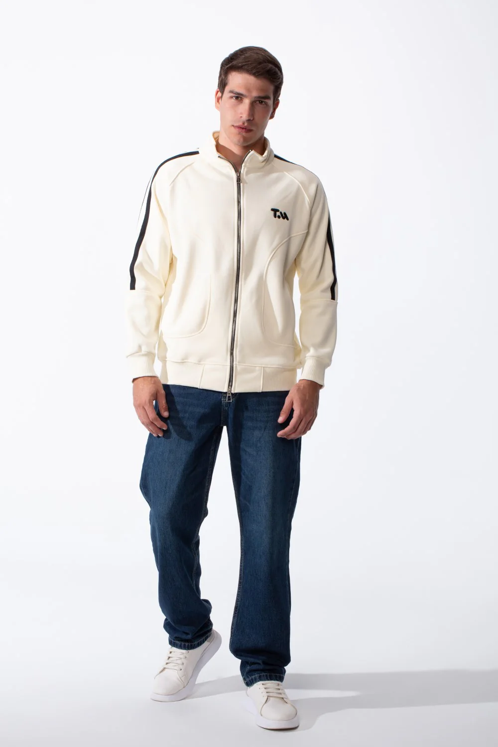 Men's High Stand-Up Collar Full Length Silver Zipper Contrasting White Stripes Along Sleeves Sporty Track Slim Fit Sweatshirt - Image 7