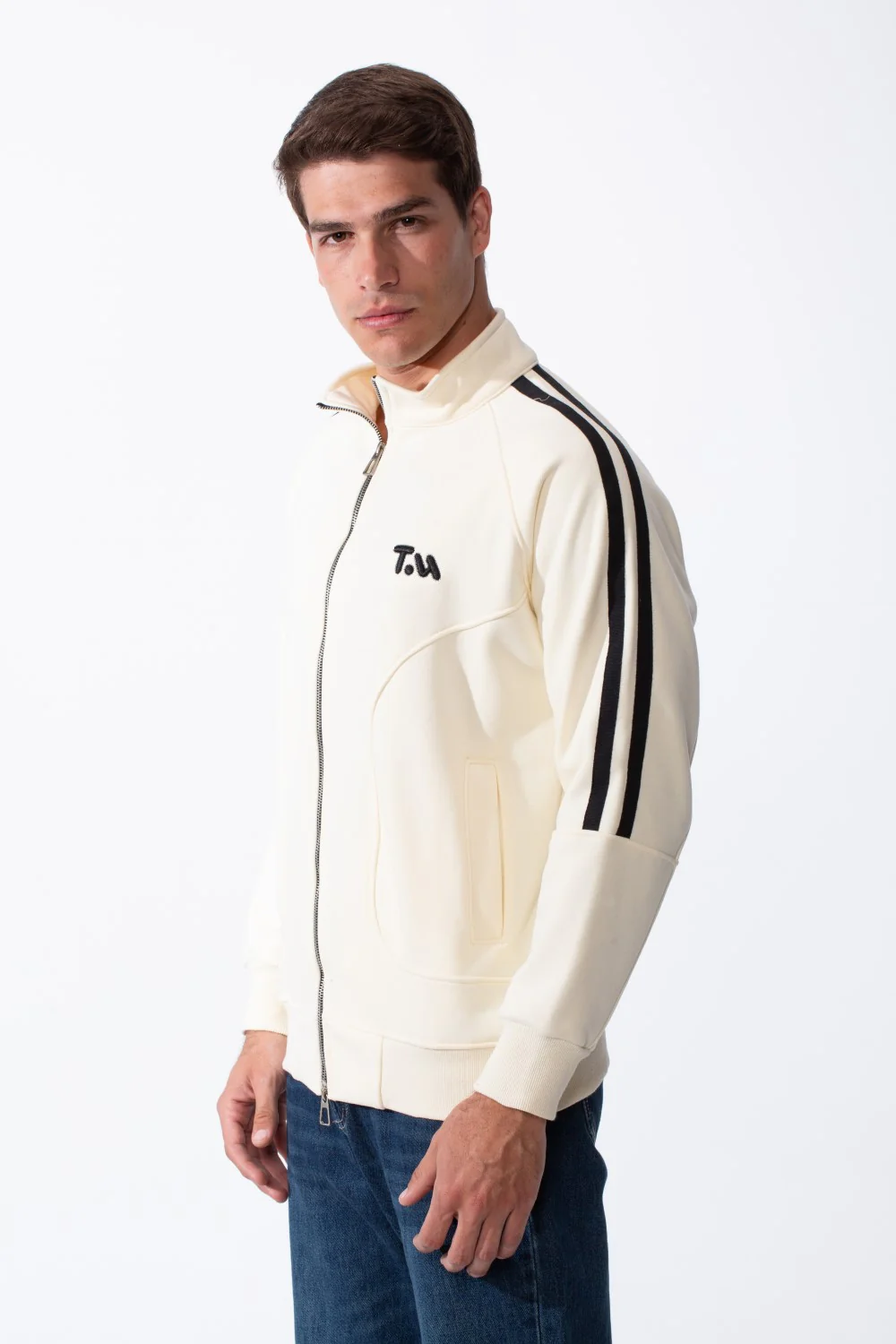 Men's High Stand-Up Collar Full Length Silver Zipper Contrasting White Stripes Along Sleeves Sporty Track Slim Fit Sweatshirt - Image 8