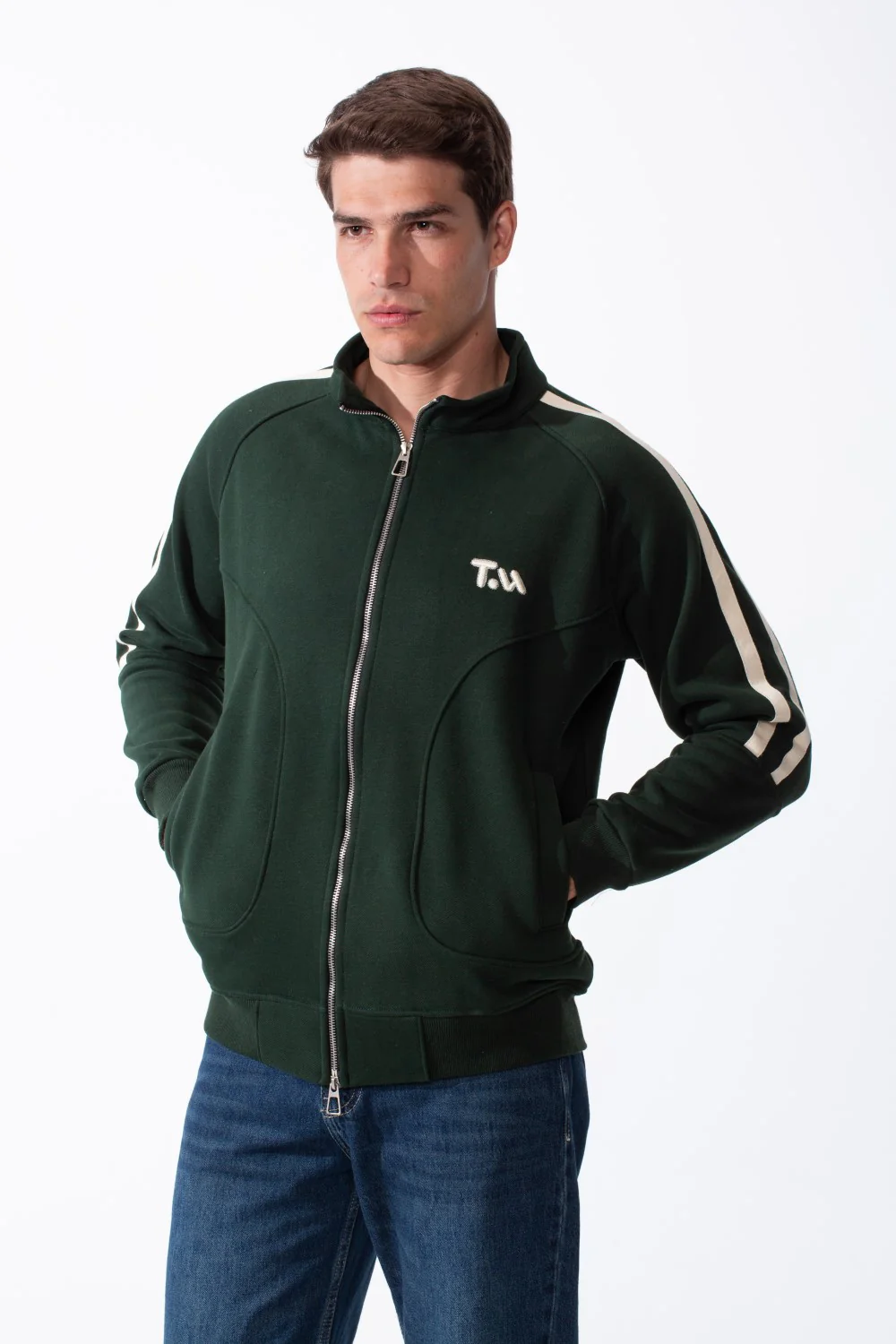 Men's High Stand-Up Collar Full Length Silver Zipper Contrasting White Stripes Along Sleeves Sporty Track Slim Fit Sweatshirt - Image 9