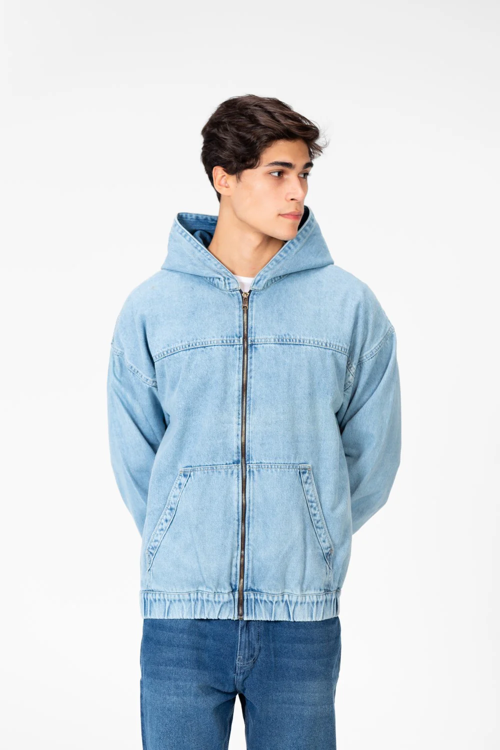 Men's Hood Denim Jacket With Full Front Zipper - Image 13