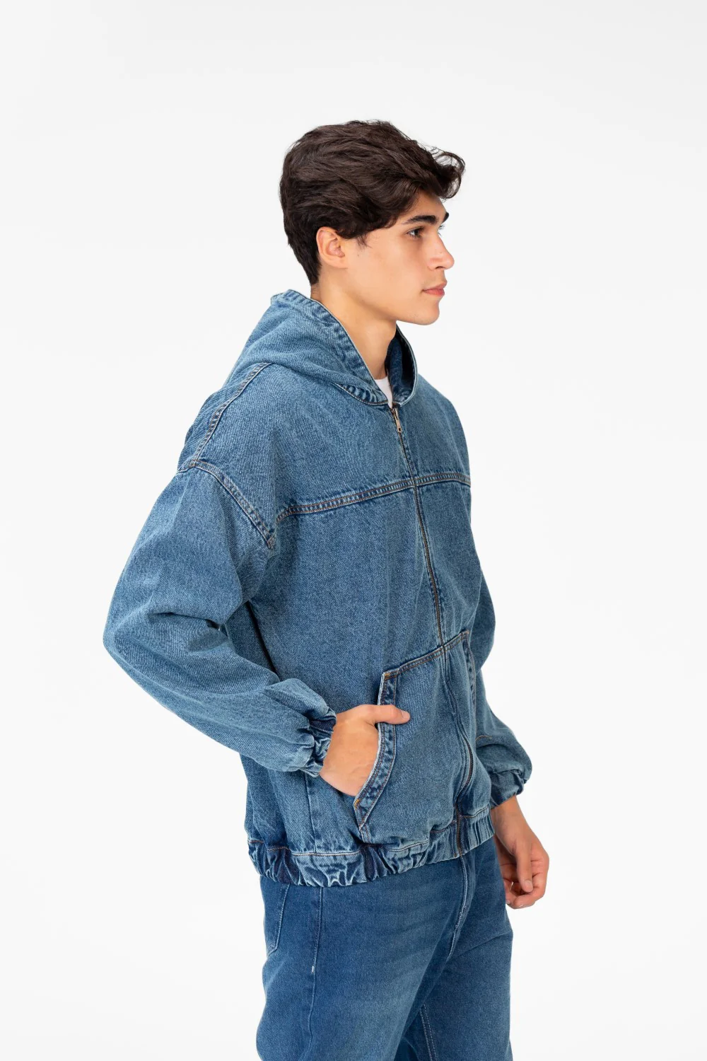 Men's Hood Denim Jacket With Full Front Zipper - Image 3