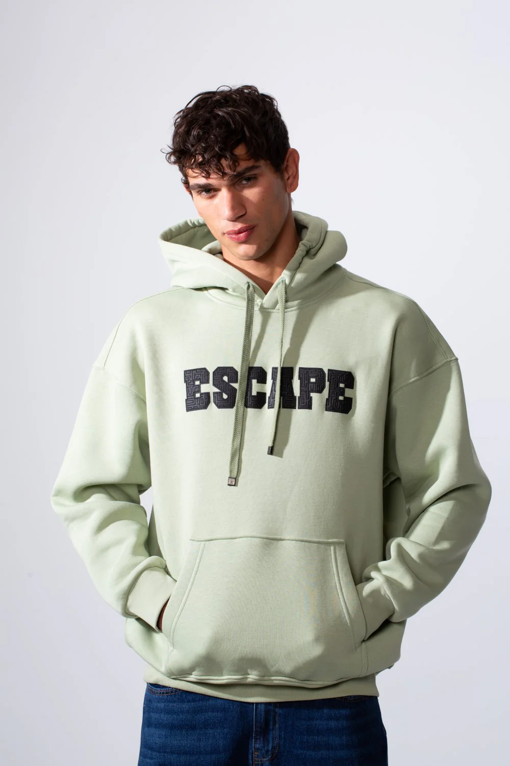 Men's Hooded Oversize Melton Front Text Print Sweatshirt