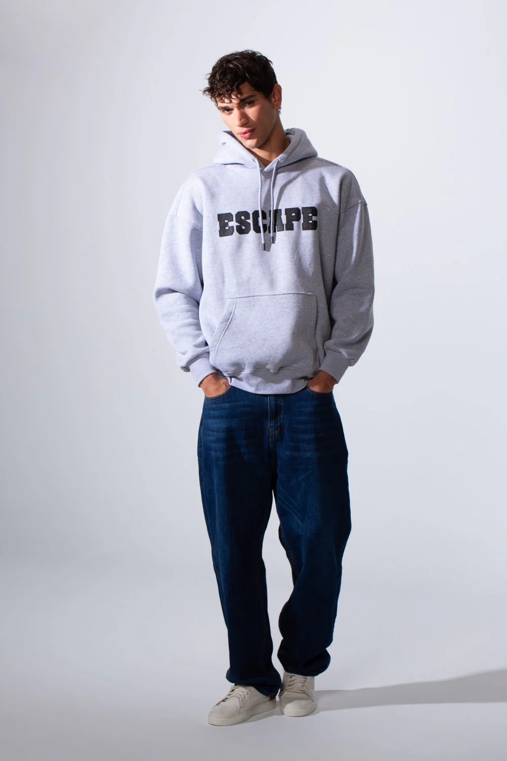 Men's Hooded Oversize Melton Front Text Print Sweatshirt - Image 11