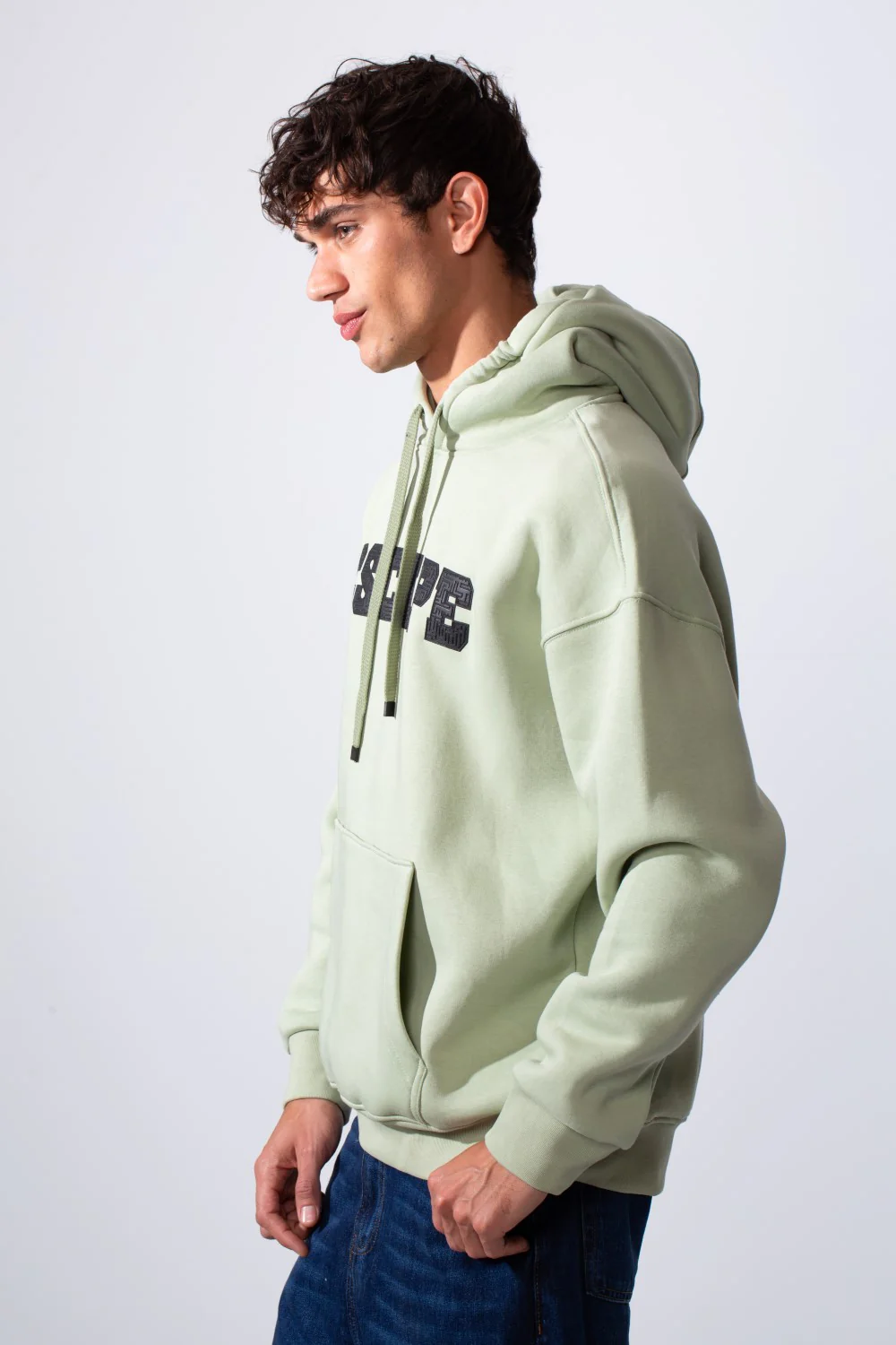 Men's Hooded Oversize Melton Front Text Print Sweatshirt - Image 3