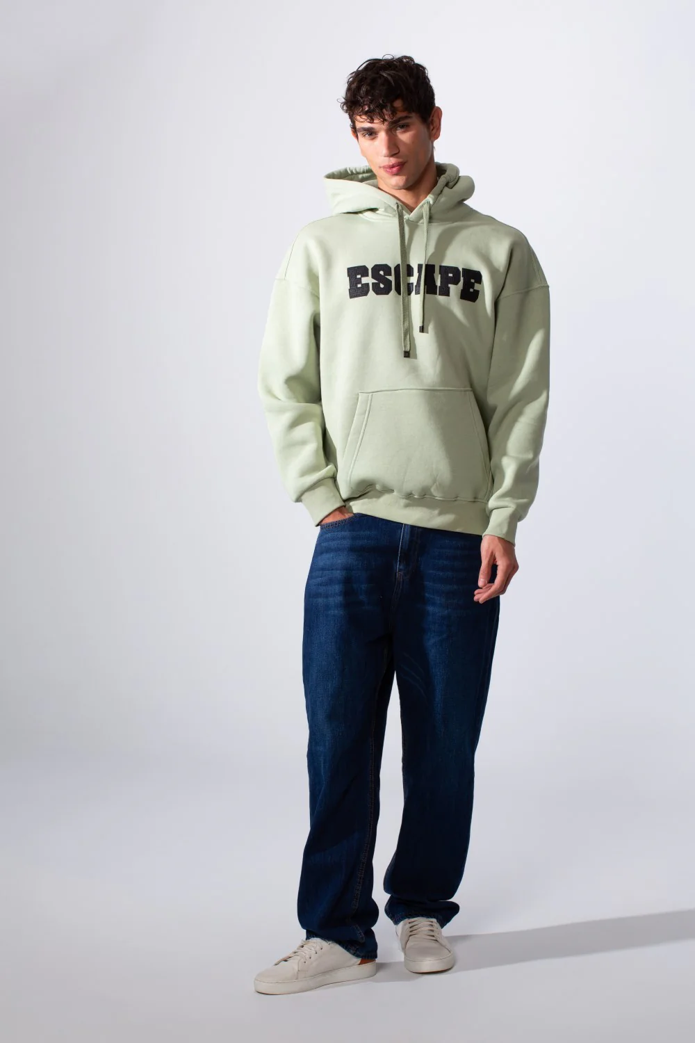 Men's Hooded Oversize Melton Front Text Print Sweatshirt - Image 4