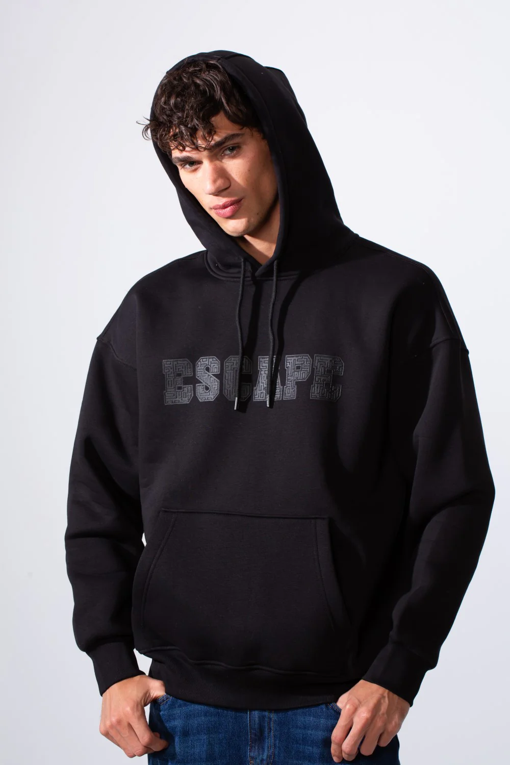 Men's Hooded Oversize Melton Front Text Print Sweatshirt - Image 5