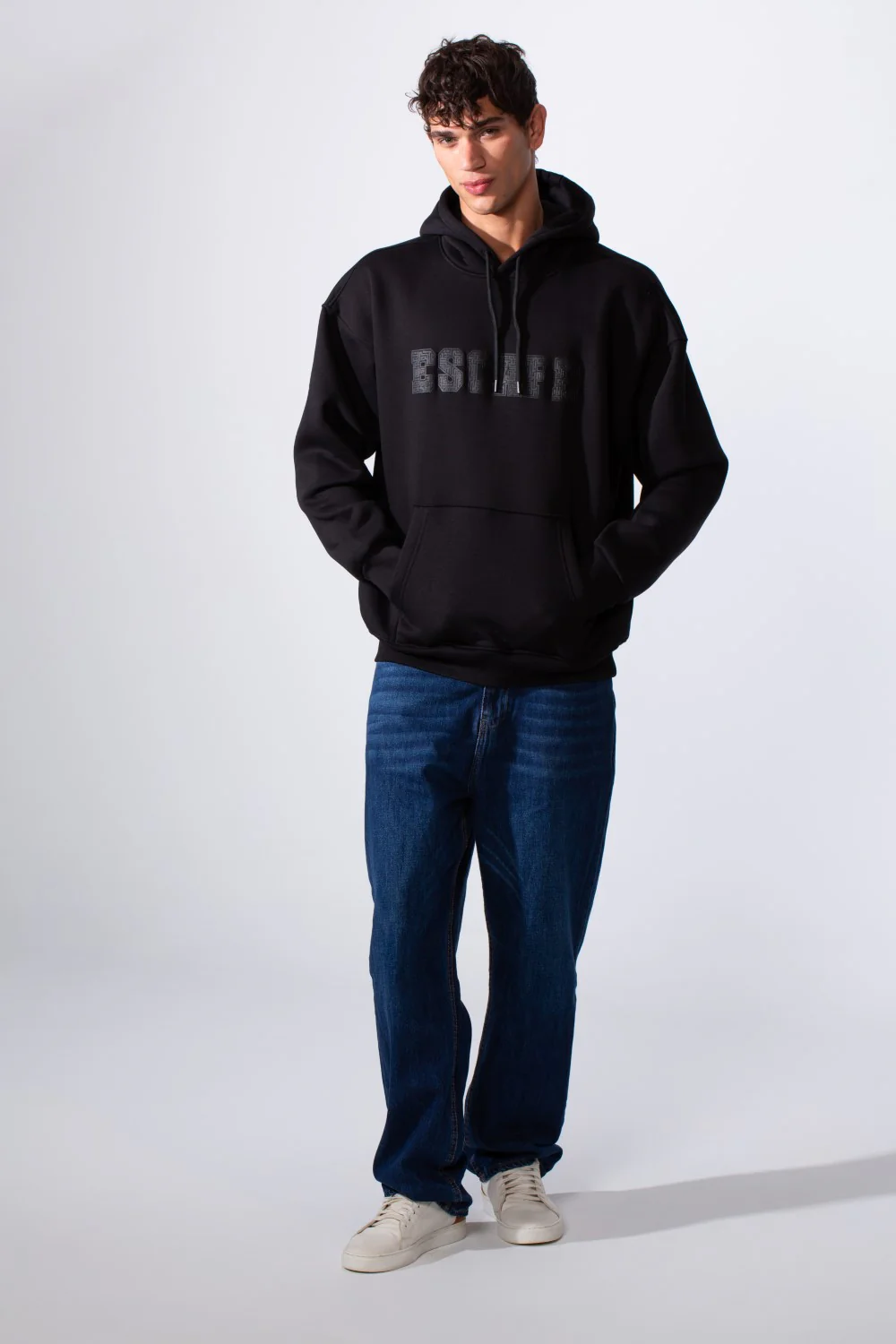 Men's Hooded Oversize Melton Front Text Print Sweatshirt - Image 7