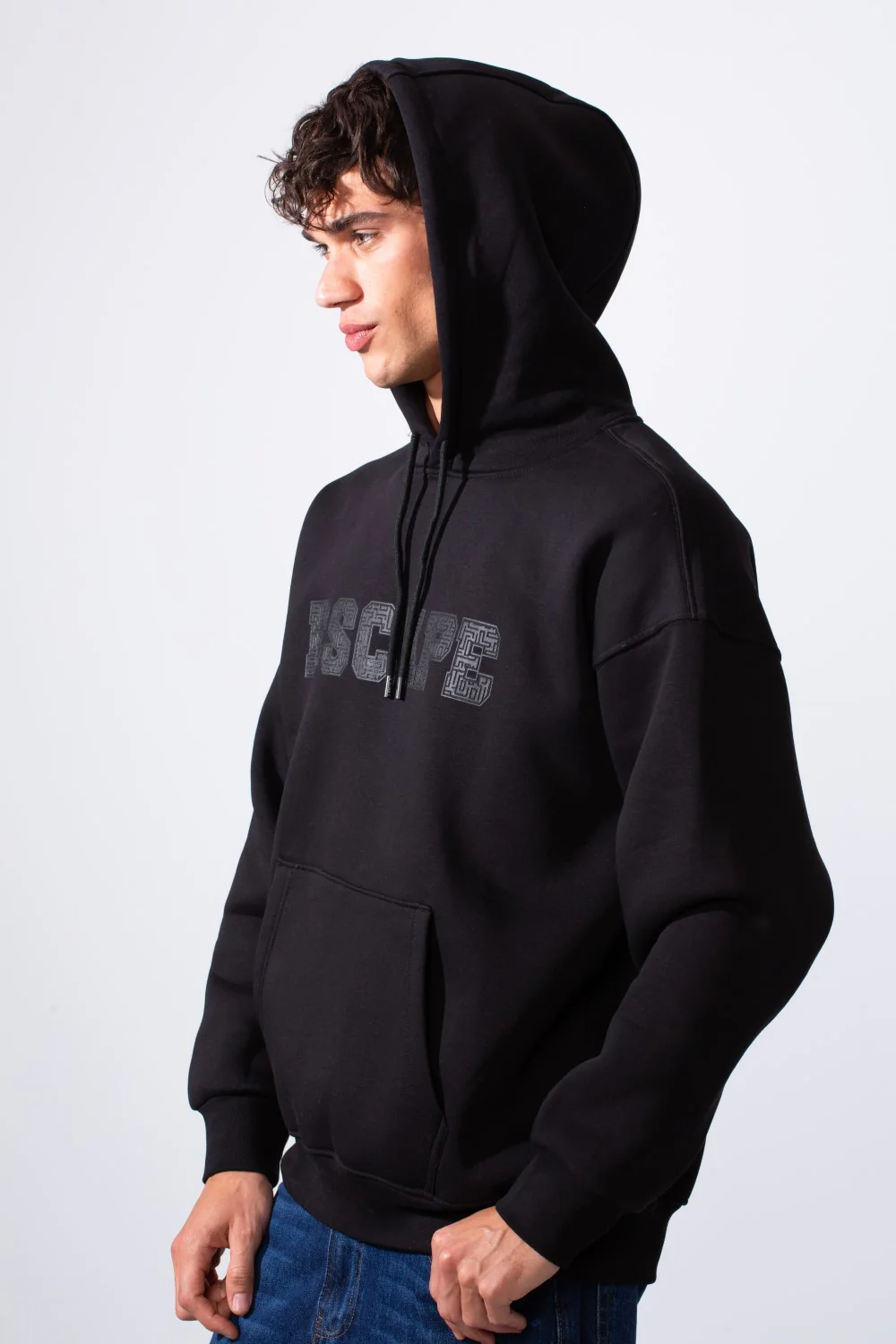 Men's Hooded Oversize Melton Front Text Print Sweatshirt - Image 8