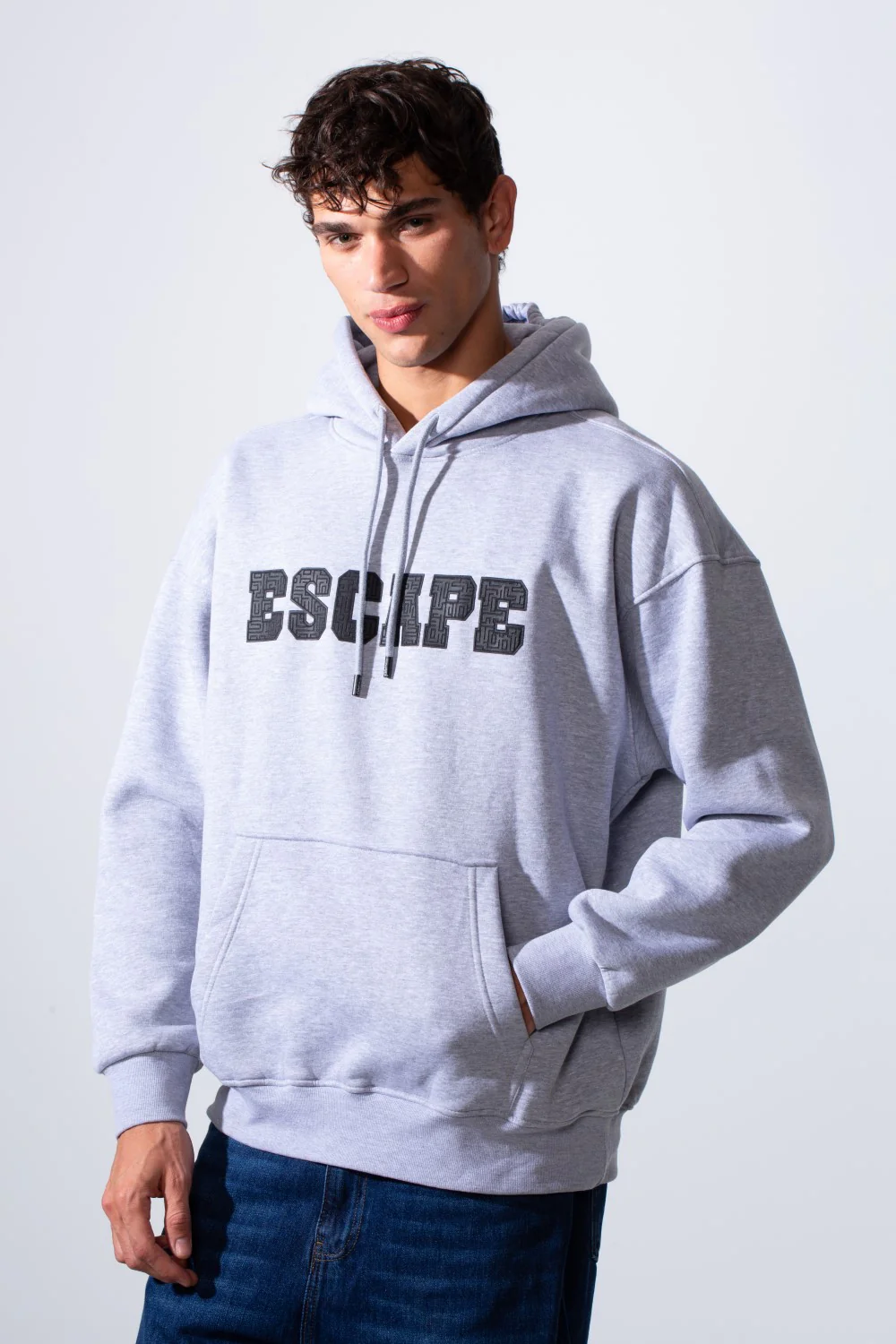 Men's Hooded Oversize Melton Front Text Print Sweatshirt - Image 9