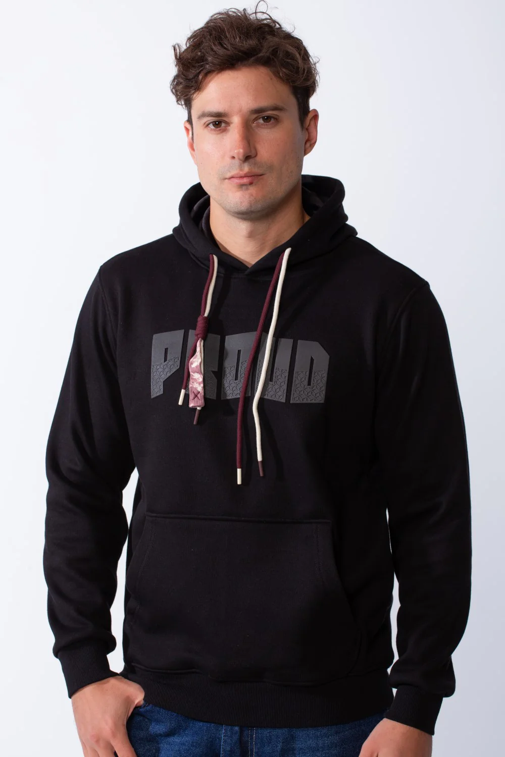 Men's Kangaroo Pockets Bold Text Chest Print Long Sleeves Slim Fit Hooded Daily Wear Comfy Sweatshirt
