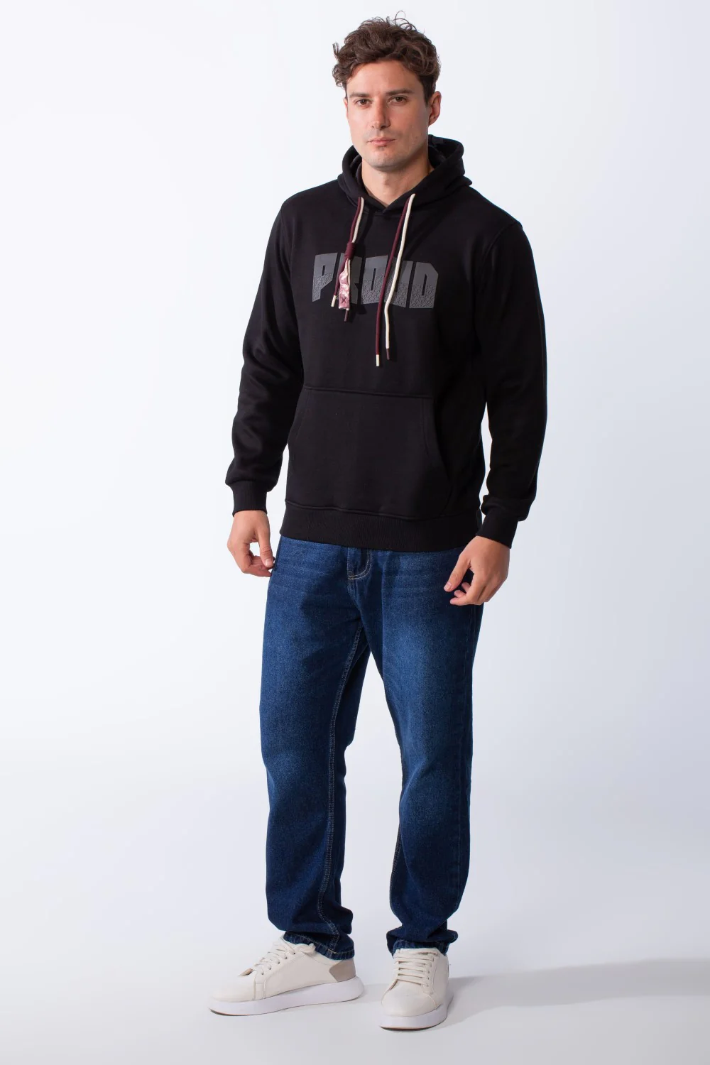Men's Kangaroo Pockets Bold Text Chest Print Long Sleeves Slim Fit Hooded Daily Wear Comfy Sweatshirt - Image 3