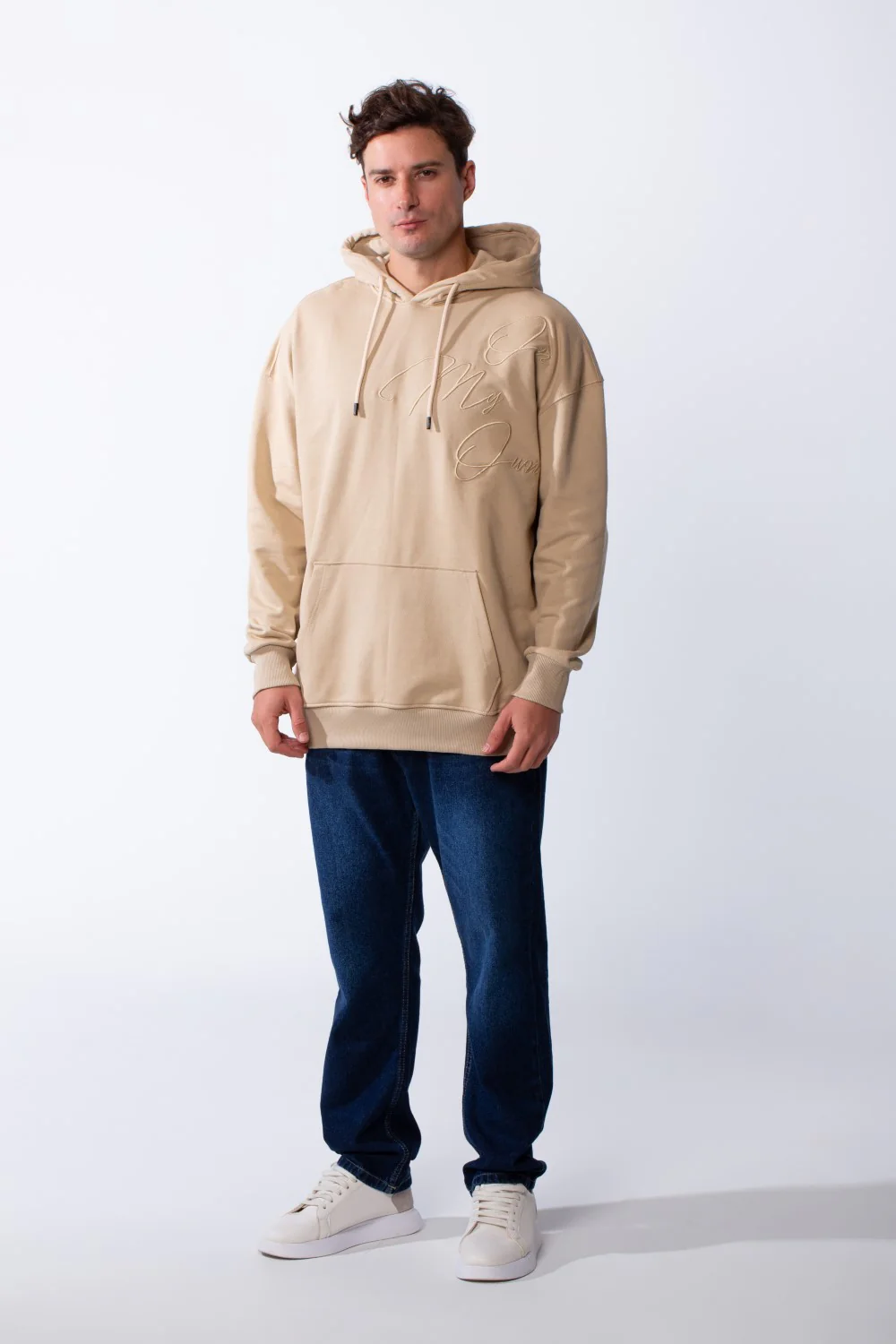 Men's Kangaroo Pockets Long Sleeves With Warp-Around Puff Text Print Comfy Regular Fit Hood Melton Sweatshirt - Image 3