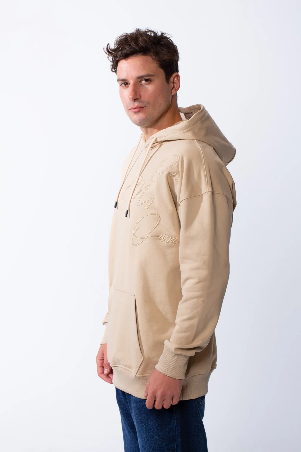 Men's Kangaroo Pockets Long Sleeves With Warp-Around Puff Text Print Comfy Regular Fit Hood Melton Sweatshirt - Image 4