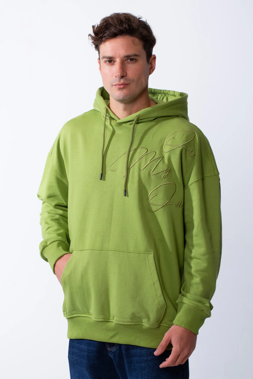 Men's Kangaroo Pockets Long Sleeves With Warp-Around Puff Text Print Comfy Regular Fit Hood Melton Sweatshirt - Image 9