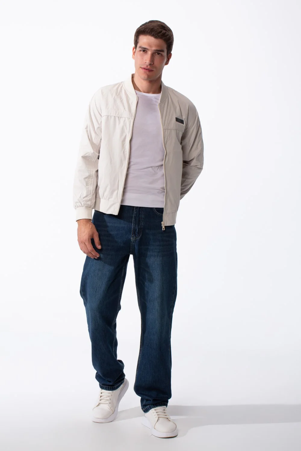 Men's Knit Stand-Up Collar Full Zip Logo Chest Patch Long Sleeve Waterproof Jacket - Image 3