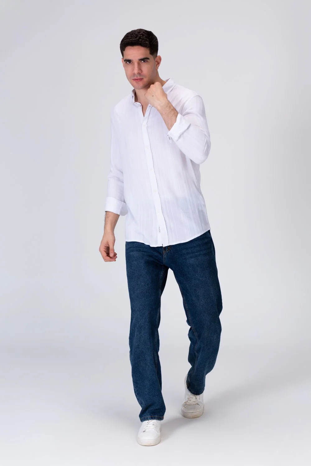 Mens Light Striped Linen Shirt With A Collar And Distinctive Summer Colors - Image 3