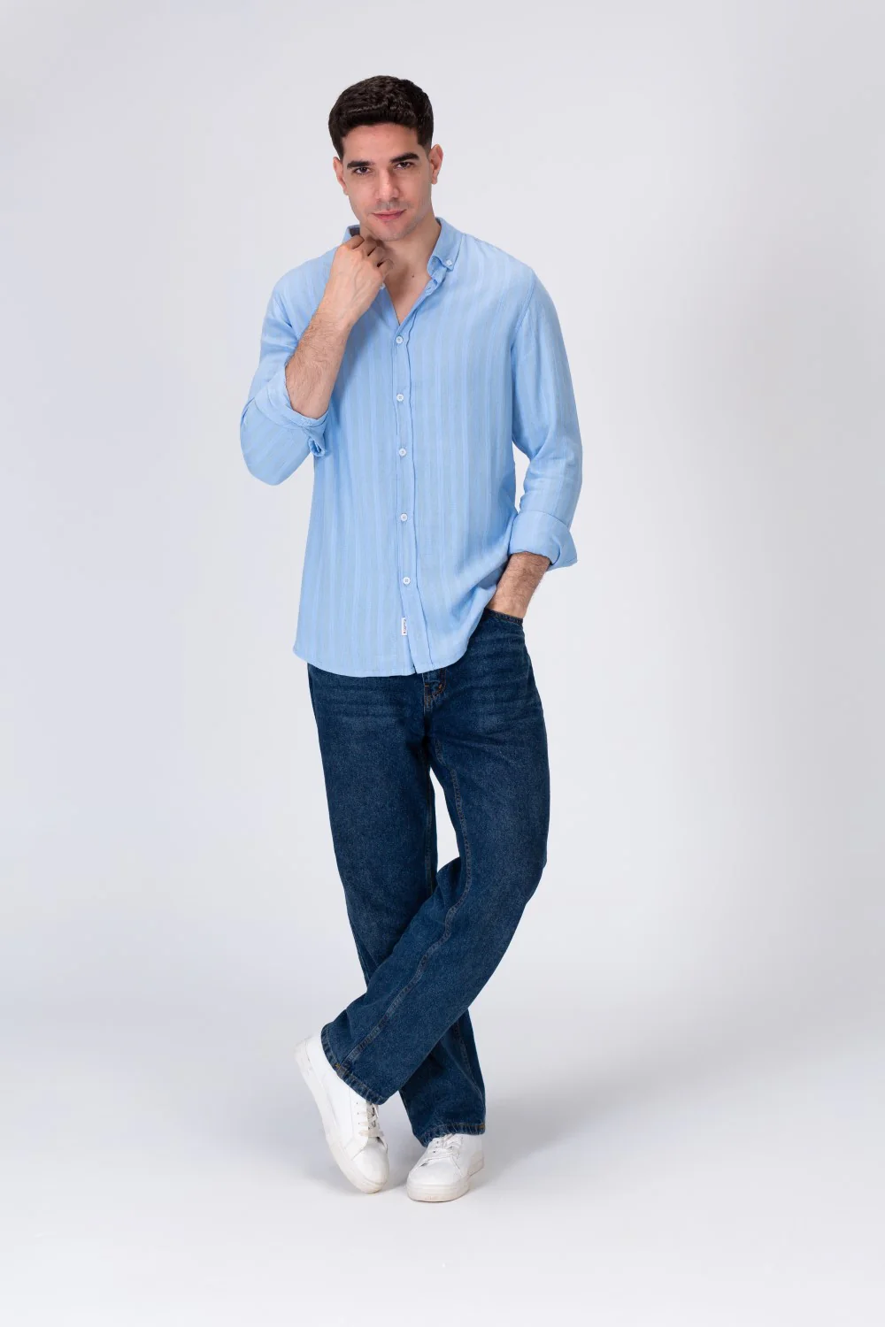 Mens Light Striped Linen Shirt With A Collar And Distinctive Summer Colors - Image 4