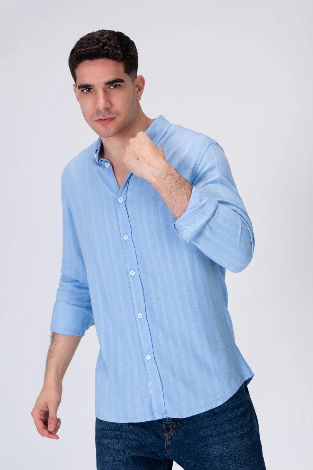 Mens Light Striped Linen Shirt With A Collar And Distinctive Summer Colors - Image 5