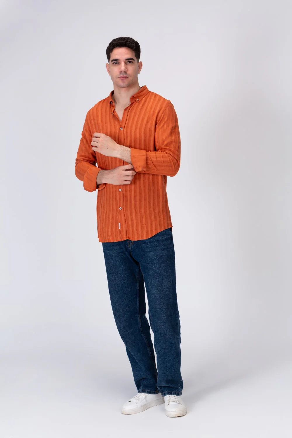 Mens Light Striped Linen Shirt With A Collar And Distinctive Summer Colors - Image 6