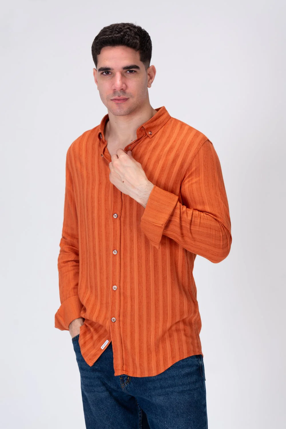 Mens Light Striped Linen Shirt With A Collar And Distinctive Summer Colors - Image 8