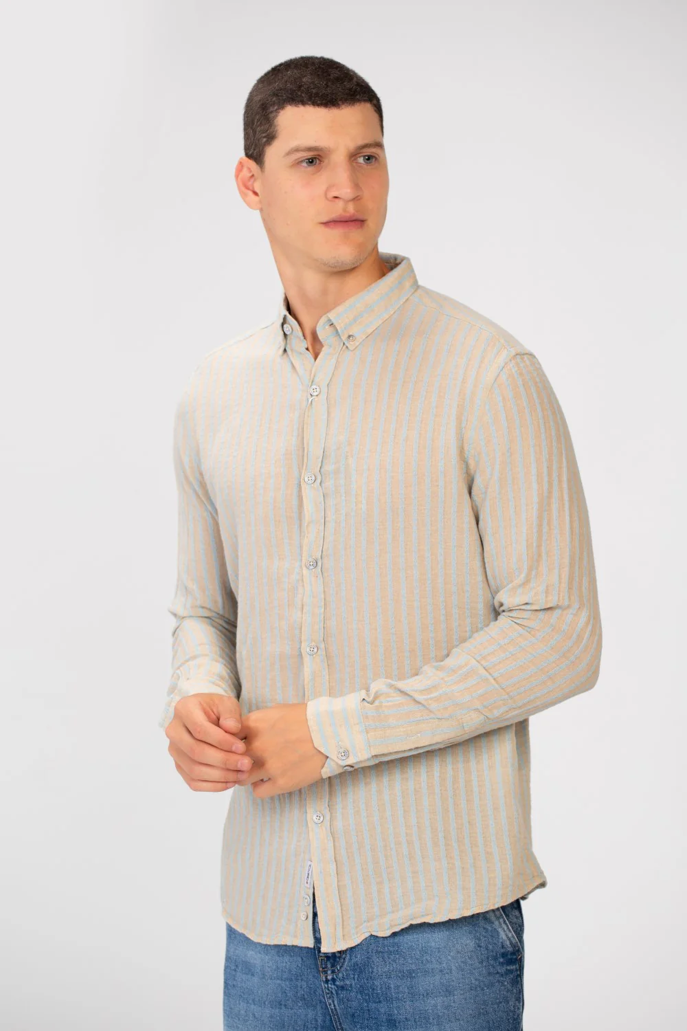 Men's Linen Striped Long Sleeve Regular Fit Shirt High Quality Material - Image 3