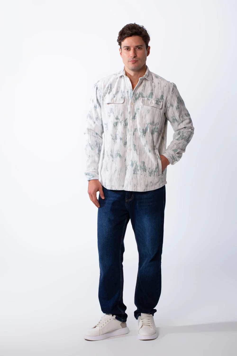 Men's Button Down Abstract Geometric Pattern With Dual Chest Flap Pockets Slim Fit Gabardine Casual Shirt - Image 11
