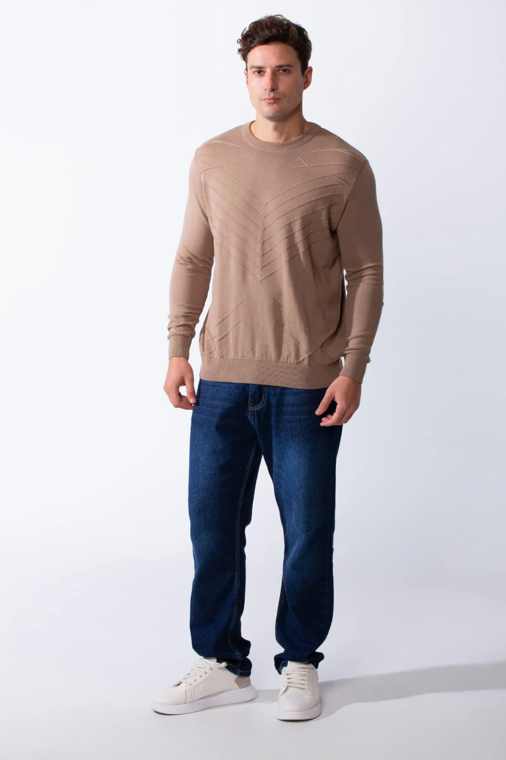 Men's Long Sleeve Classic Crew Neck Subtle Embossed Diagonal Line Pattern Across Front Textured Fabric Casual Every Day Wear Slim Fit Pullover - Image 7
