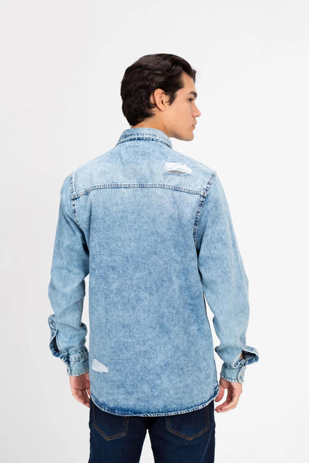 Men's Long Sleeve Cutting Denim Shirt - Image 10