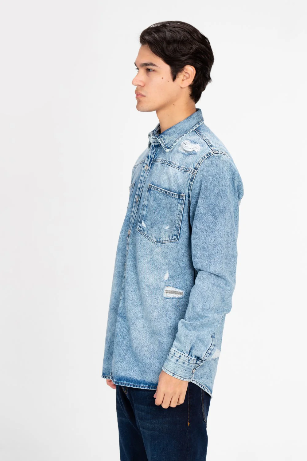 Men's Long Sleeve Cutting Denim Shirt - Image 11