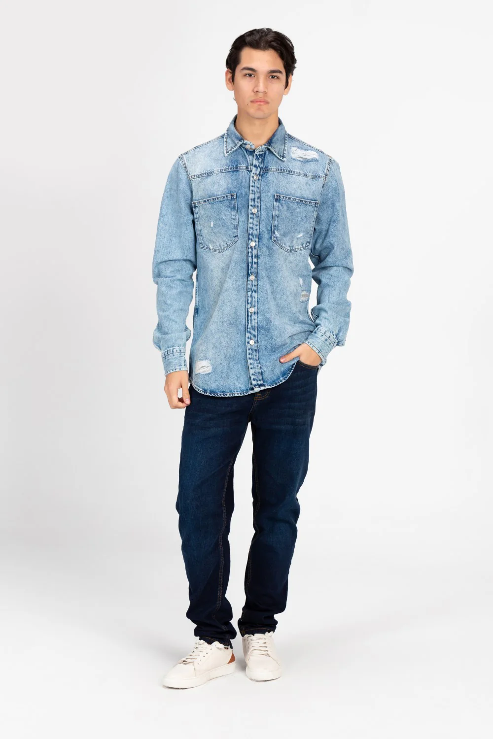 Men's Long Sleeve Cutting Denim Shirt - Image 12