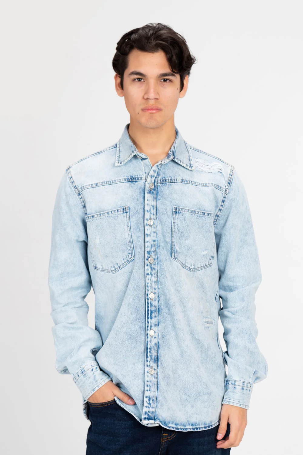 Men's Long Sleeve Cutting Denim Shirt - Image 13