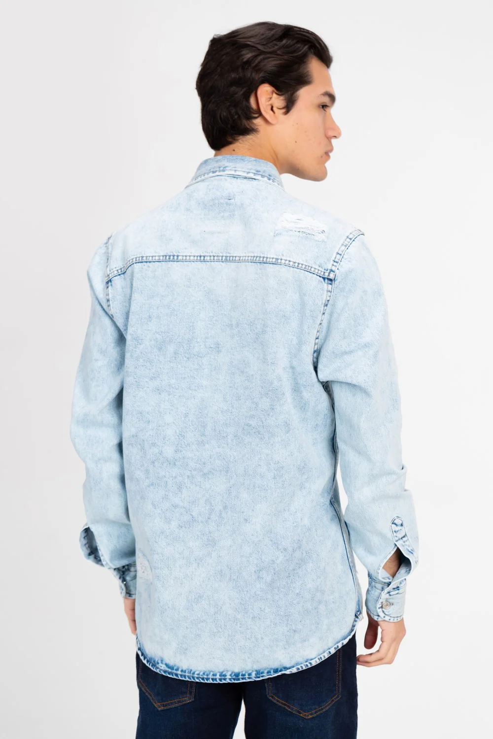 Men's Long Sleeve Cutting Denim Shirt - Image 14