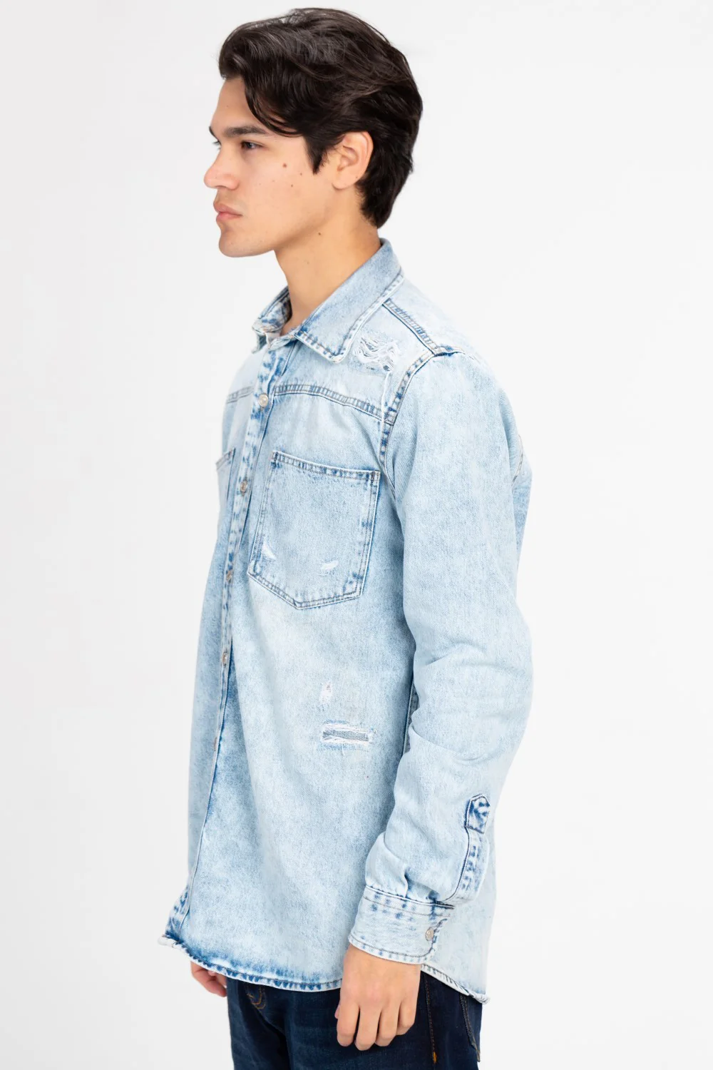 Men's Long Sleeve Cutting Denim Shirt - Image 15