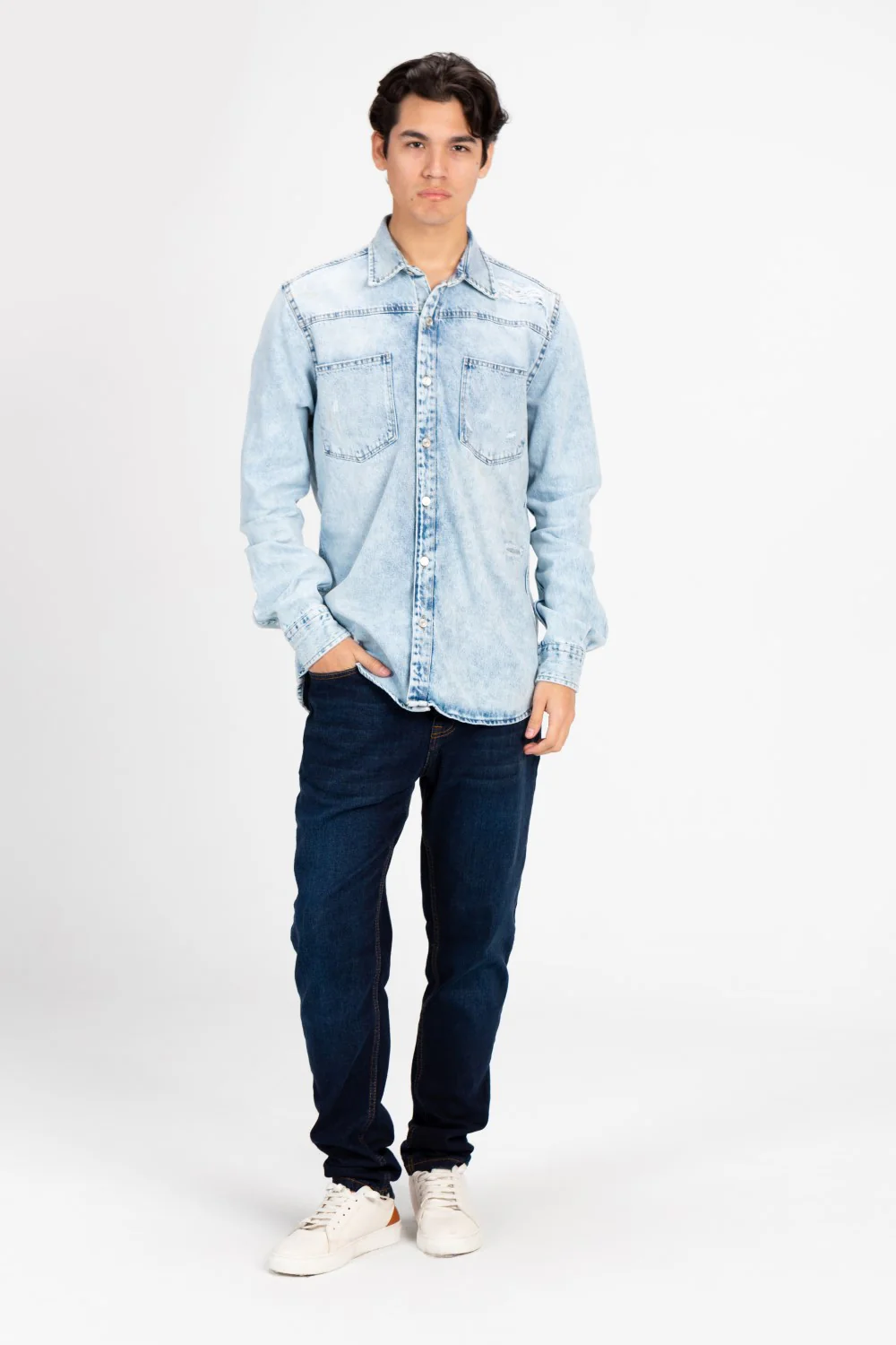 Men's Long Sleeve Cutting Denim Shirt - Image 16