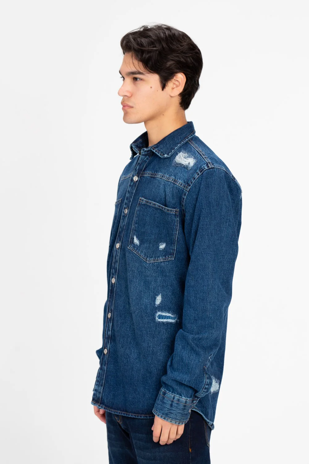 Men's Long Sleeve Cutting Denim Shirt - Image 3